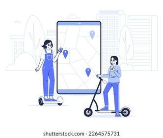 Eco transport sharing app concept. City transport rental service, women riding rental gyroscooter and electric kick scooter flat linear vector illustration