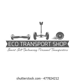 Eco transport shop logo. Monochrome label template with self-balancing scooters and ribbon isolated on white background. Design element for gyroscooter or segway store advertising. Vector illustration