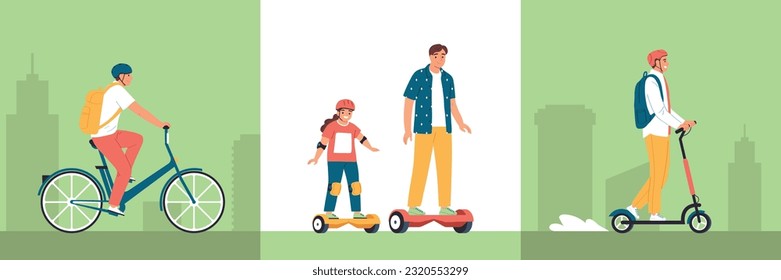 Eco transport three square compositions with adult and children riding on scooter bicycle gyro scooter vector illustration