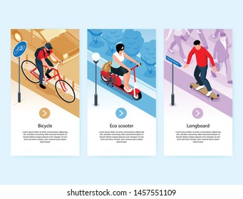 Eco transport three vertical banners  illustrated riding on bicycle eco scooter and longboard  isolated vector illustration