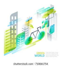 Eco transport and travel concept. Green cityscape, bicycle and nature vector illustration. Go green, ecology and environmental protection theme.