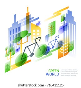 Eco transport and travel concept. Multicolor cityscape, bicycles and nature vector illustration. Go green, ecology and environmental protection theme.