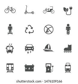 Öko-Transport-Vektorsymbole einzeln auf weißem Hintergrund. Konzept des elektrischen ökologischen Verkehrs. Öko-Transport-Flachsymbole für Web-, Mobil- und i-Design.