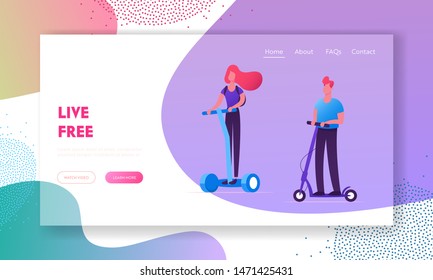 Eco Transport Website Landing Page. People Riding Modern Transporters Hoverboard or Self-balancing Board, Electric Unicycle, Motorized Kick Scooter Web Page Banner. Cartoon Flat Vector Illustration