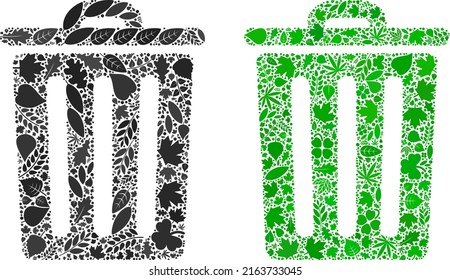 Collage del icono de la papelera ecológica de hojas florales en tonos verdes y naturales. Concepto de vector de entorno ecológico para el icono de la papelera de basura. La imagen vectorial del cubo de basura está formada por elementos florales verdes.
