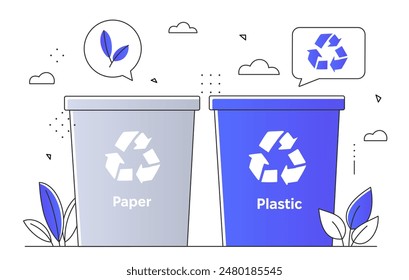 Concepto de basura ecológica. Papelera con plástico y papel. Reciclaje y reutilización, estilo de vida sin desperdicios. Preocúpate por la ecología y la naturaleza. Reducción de las emisiones de residuos. Ilustración vectorial lineal plana
