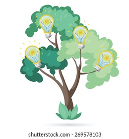 Eco tree with a lamp instead of fruit on the branches. logo for presentations, the topic environmental protection, saving electricity