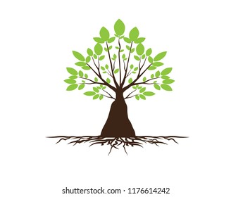 Eco tree with roots isolated on white background. Vector illustration EPS 10.