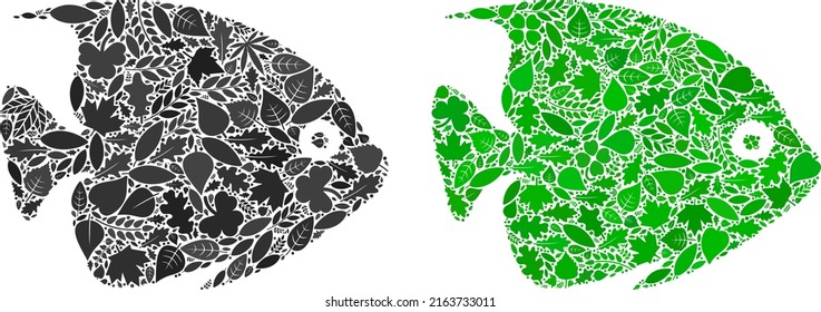 Eco Tropical Fish Icon Composition Of Floral Leaves In Green And Natural Color Hues. Ecological Environment Vector Template For Tropical Fish Icon.