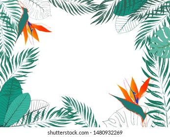 Eco tropical template with place for text. Jungle exotic frame of strelitzia flowers, palm leaves, monstera leaves, frangipani. EPS8 vector illustration