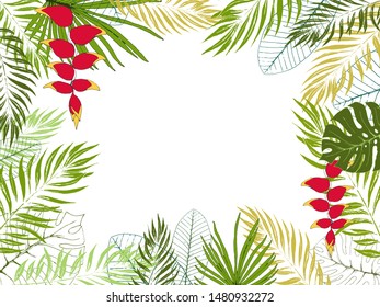Eco tropical template with place for text. Jungle exotic frame of heliconia flowers, palm leaves, monstera leaves, frangipani. EPS8 vector illustration