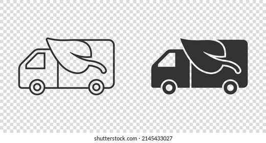 Eco truck icon in flat style. Ecology shipping vector illustration on white isolated background. Van and leaf sign business concept.