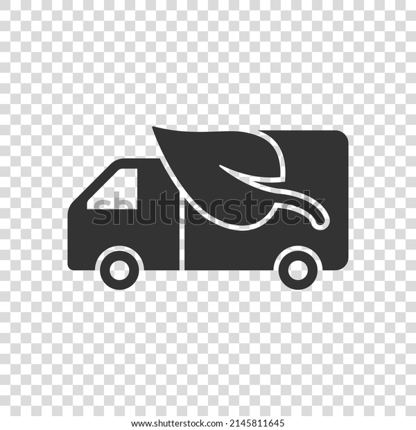 Eco truck icon in flat style. Ecology shipping\
vector illustration on white isolated background. Van and leaf sign\
business concept.
