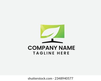 Eco tv logo design. Monitor logo. Curved monitor vector art. Leaf tv logo. Leaf. Natural channel. Finance. Computer. Green