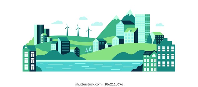 Eco urban city landscape with buildings, hills and mountains. Ecological sustainable energy supply with windmills. Town with green wild nature, lawns, river and wind turbines vector illustration