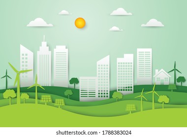 eco urban city in paper style on green background.  ecology and environment conservation. sustainable and environmental friendly concept. cut and craft. vector illustration in flat modern design.