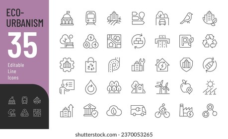 Eco Urbanism Line Editable Icons set. Vector illustration in modern thin line style of city ecology related icons: urban ecosystems, zero waste, urban design, green energy, air and water quality.