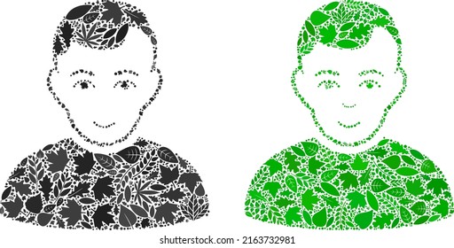 Eco user icon composition of plant leaves in green and natural color tinges. Ecological environment vector template for user icon. User vector image is formed of green herbal icons.
