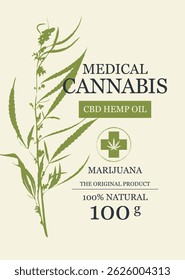 eco Vector Anuncio o etiqueta para aceite de cáñamo CBD, cannabis medicinal con patrón de cáñamo. marihuana medicinal. No se utiliza IA