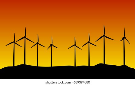 Anuncio de Vector ecológico. Paisaje con siluetas negras de molinos de viento. Fondo ecológico. 