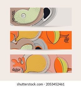 Eco vector design. Fruit logo with flat colors and grunge texture. Doodle drawing vegetable healthy food. Vegan bolt sketch banner template. Summer organic fresh concept.