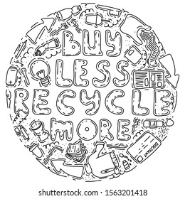 ECO vector doodle set. Recycling and donation poster. Buy Less recycle more. Round shape of donation and recycling elements