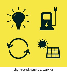 eco vector icons set. with bulb, solar panel, car charger and recycle sign in set