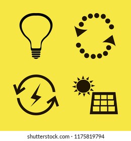eco vector icons set. with bulb, solar panel, renewable energy and recycle sign in set