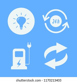 eco vector icons set. with recycle sign, bulb, car charger and recycle hours in set