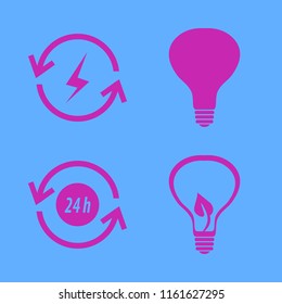 eco vector icons set. with renewable energy, bulb leaf, bulb and recycle hours in set