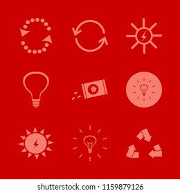 eco vector icons set. with solar energy, recycle sign, bulb and sowing seeds in set