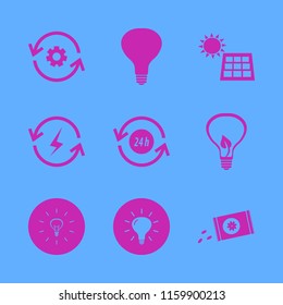 eco vector icons set. with sowing seeds, renewable energy, bulb and solar panel in set