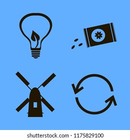 eco vector icons set. with sowing seeds, bulb leaf, recycle sign and windmill in set