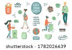 Eco vector illustration. Zero waste lifestyle. People sorting waste and use eco bag and reusable cup. Hand drawn elements of zero waste life. Eco-friendly character. No plastic.  Flat isolated design