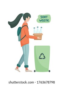 
Ilustración del vector ecológico. Estilo de vida de basura cero. Mujer joven con botellas de agua plásticas clasifica los residuos. Carácter ecológico. Salvemos el planeta. No hay plástico. Vamos Verde. Diseño plano
