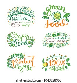 Eco vector organic labels, bio emblems for stickers and restaurants menu, natural products packaging. Gluten free, vegan, locally grown eco friendly stamps on white, fresh raw healthy food.