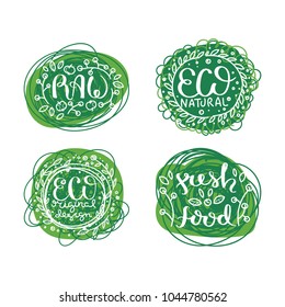 Eco vector organic labels, bio emblems for stickers and restaurants menu, natural products packaging. Gluten free, vegan, locally grown eco friendly stamps on blots, fresh raw healthy food.