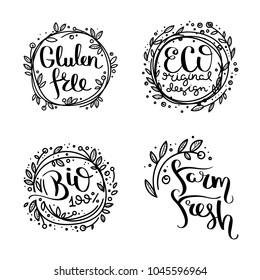 Eco vector organic labels, bio emblems for stickers and restaurants menu, natural products packaging. Gluten free, vegan, locally grown eco friendly ink stamps on white, fresh raw healthy food.