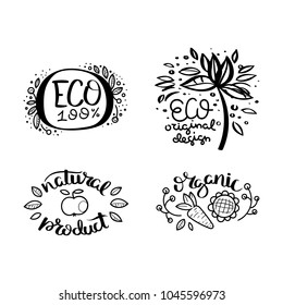 Eco vector organic labels, bio emblems for stickers and restaurants menu, natural products packaging. Gluten free, vegan, locally grown eco friendly ink stamps on white, fresh raw healthy food.
