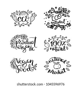 Eco vector organic labels, bio emblems for stickers and restaurants menu, natural products packaging. Gluten free, vegan, locally grown eco friendly ink stamps on white, fresh raw healthy food.