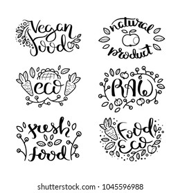 Eco vector organic labels, bio emblems for stickers and restaurants menu, natural products packaging. Gluten free, vegan, locally grown eco friendly ink stamps on white, fresh raw healthy food.