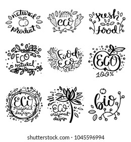 Eco vector organic labels, bio emblems for stickers and restaurants menu, natural products packaging. Gluten free, vegan, locally grown eco friendly ink stamps on white, fresh raw healthy food.