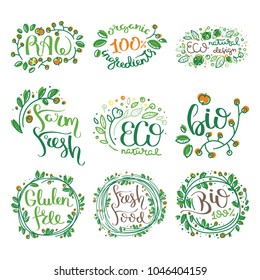 Eco vector organic labels, bio emblems for stickers and restaurants menu, natural products packaging. Gluten free, vegan, locally grown eco friendly stamps on white, fresh raw healthy food.