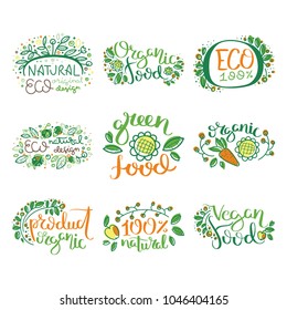 Eco vector organic labels, bio emblems for stickers and restaurants menu, natural products packaging. Gluten free, vegan, locally grown eco friendly stamps on white, fresh raw healthy food.