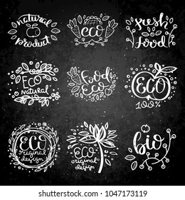 Eco vector organic labels, bio emblems for stickers and restaurants menu, natural products packaging. Gluten free, vegan, locally grown eco friendly stamps on blackboard, fresh raw healthy food.