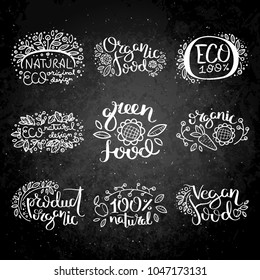 Eco vector organic labels, bio emblems for stickers and restaurants menu, natural products packaging. Gluten free, vegan, locally grown eco friendly stamps on blackboard, fresh raw healthy food.
