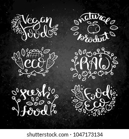 Eco vector organic labels, bio emblems for stickers and restaurants menu, natural products packaging. Gluten free, vegan, locally grown eco friendly stamps on blackboard, fresh raw healthy food.
