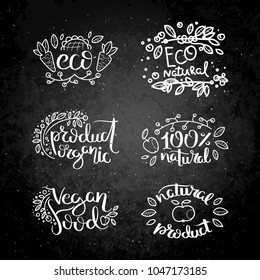 Eco vector organic labels, bio emblems for stickers and restaurants menu, natural products packaging. Gluten free, vegan, locally grown eco friendly stamps on blackboard, fresh raw healthy food.