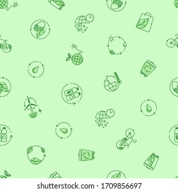 Eco vector seamless pattern.Ecological wallpaper for Earth Day.Illustration of the line icon on a light green background.Green energy concept in trendy linear style.For banners, posters, web pages.