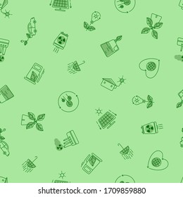 Eco vector seamless pattern.Ecological wallpaper for Earth Day.Illustration of the line icon on a light green background.Green energy concept in trendy linear style.For banners, posters, web pages.